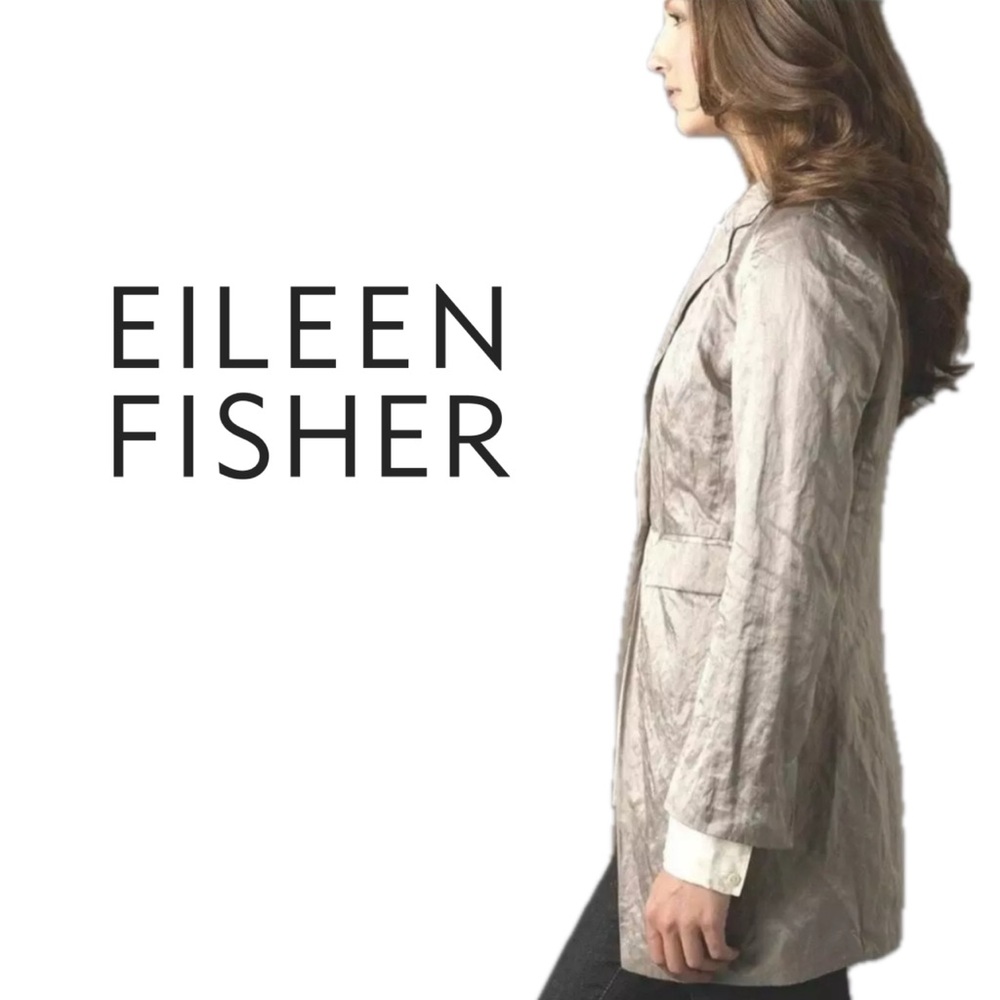 Eileen Fisher Satin Metallic Crinkle Blazer Notch 1 Button Champagne Jacket Sz L - Picture 3 of 11